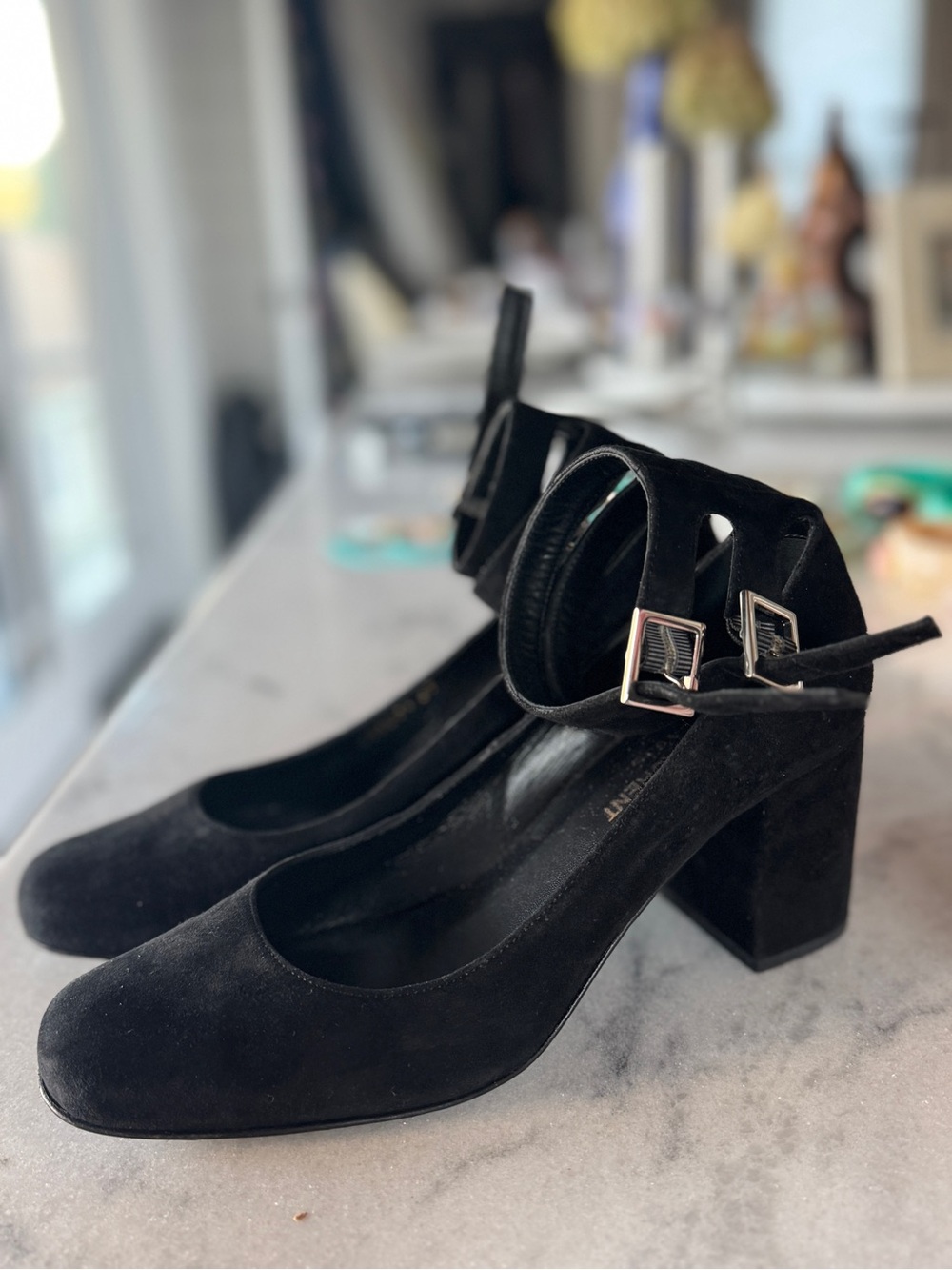 Saint Laurent Black Suede Double-Ankle Strap Block Heel Pumps